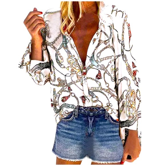 New Women’s V Neck Abstract Printed Long Sleeve Shirt Loose Blouse Top Sz S - Picture 5 of 7